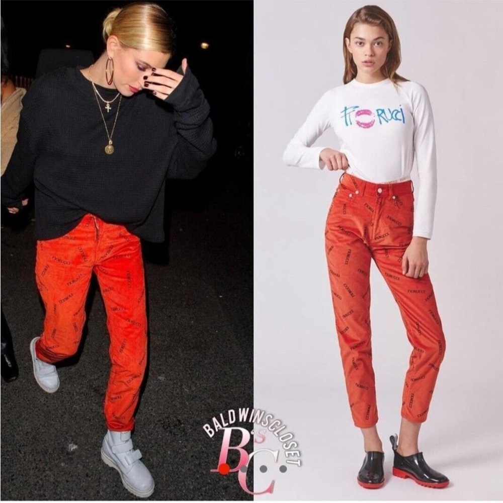 Fiorucci Womens Jeans Orange Black
Monogram Corduroy Tara 80s Tapered RARE
Sz 26